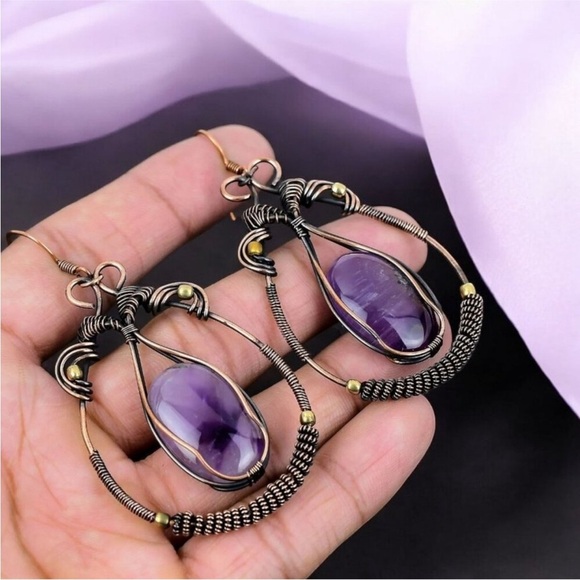 Star Amethyst Handmade Copper Wire Wrapped Earrings Jewelry - Picture 1 of 6